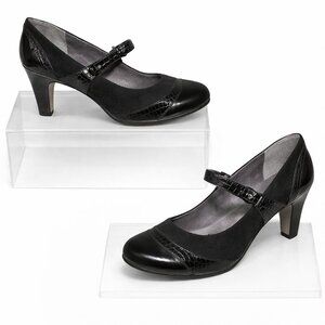 AEROSOLES Mary Jane Faux Croco Patent Suede Black Chunky Heels Pumps Size 10M